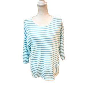J jill turquoise & white stripe with front hand pocket linen/cotton blend medium